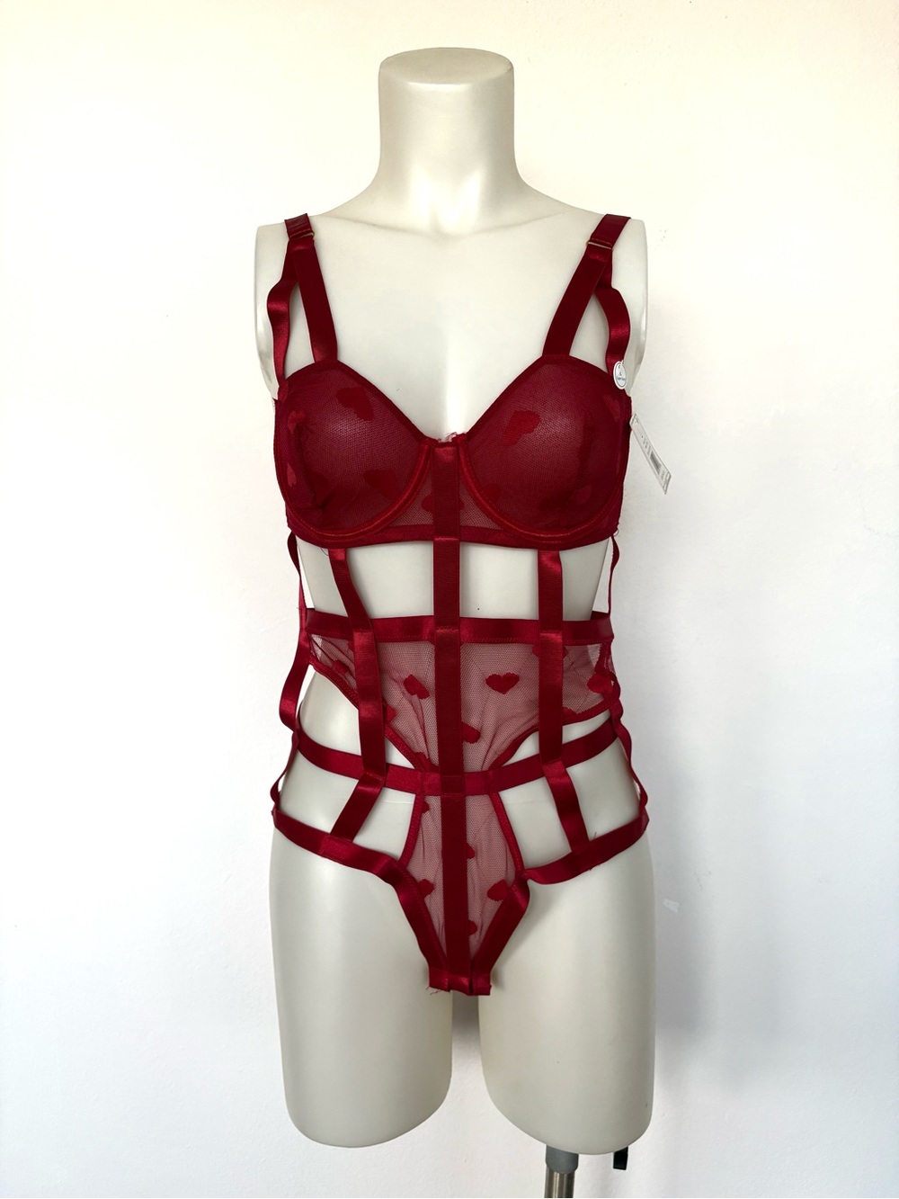 Red Strappy Sheer Heart Lingerie Bodysuit Size L